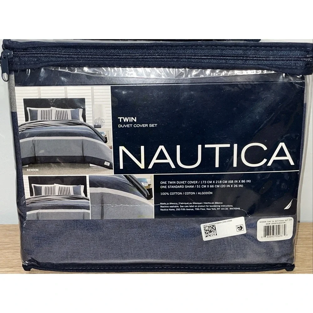NAUTICA Home Twin Duvet‎ Cover Set RENDON Blue Stripe Pattern 100% Cotton NWT
